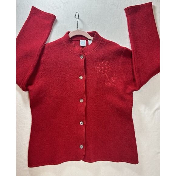 Unbranded Jackets & Blazers - Christmas Jacket Red Boiled Wool Button Front Sweater cardigan floral applique M